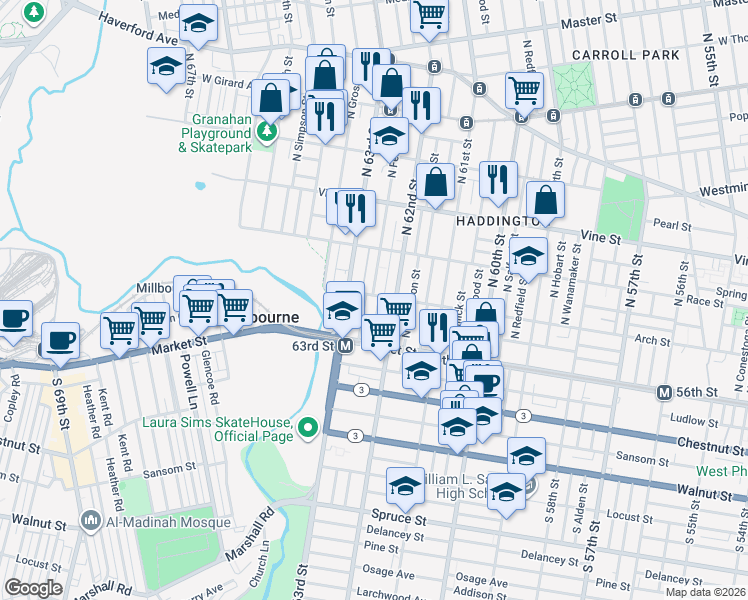 map of restaurants, bars, coffee shops, grocery stores, and more near 107 North 63rd Street in Philadelphia