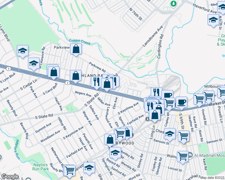 map of restaurants, bars, coffee shops, grocery stores, and more near 24 Sunshine Road in Delaware County