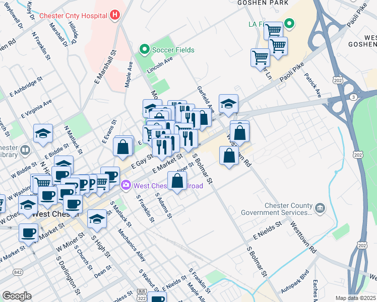 map of restaurants, bars, coffee shops, grocery stores, and more near 630 East Gay Street in West Chester