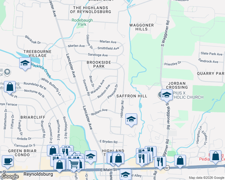 map of restaurants, bars, coffee shops, grocery stores, and more near 7407 Roshon Avenue in Reynoldsburg