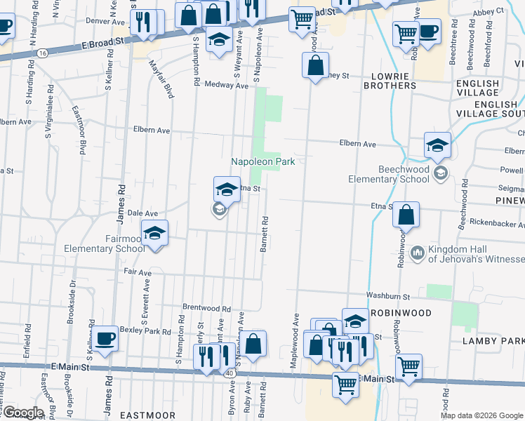 map of restaurants, bars, coffee shops, grocery stores, and more near 396 Barnett Road in Columbus