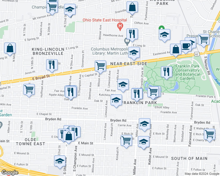 map of restaurants, bars, coffee shops, grocery stores, and more near 87 Linwood Avenue in Columbus