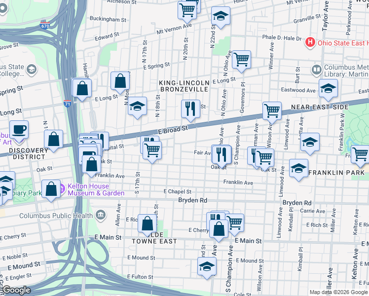 map of restaurants, bars, coffee shops, grocery stores, and more near 995 East Broad Street in Columbus