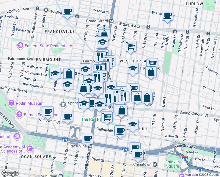 map of restaurants, bars, coffee shops, grocery stores, and more near 1315 Mount Vernon Street in Philadelphia
