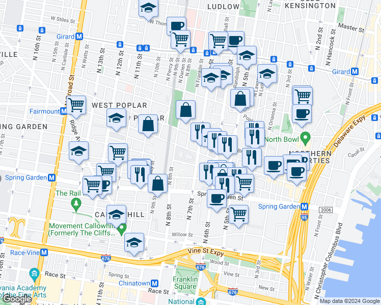 map of restaurants, bars, coffee shops, grocery stores, and more near 721 Melon Place in Philadelphia