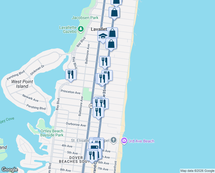 map of restaurants, bars, coffee shops, grocery stores, and more near 1806 Grand Central Avenue in Lavallette