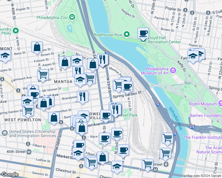 map of restaurants, bars, coffee shops, grocery stores, and more near 612-14 North 33rd Street in Philadelphia