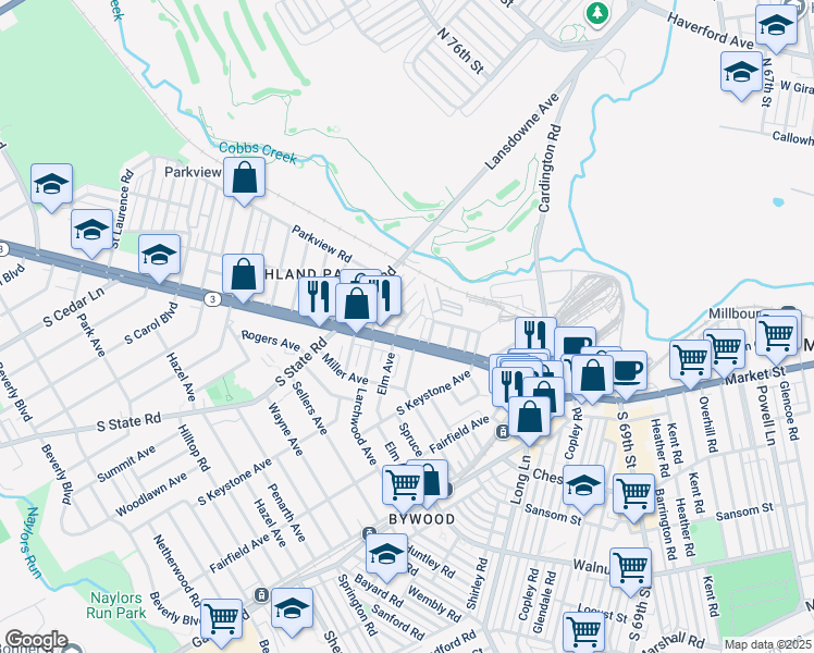 map of restaurants, bars, coffee shops, grocery stores, and more near 21 Golf Road in Delaware County