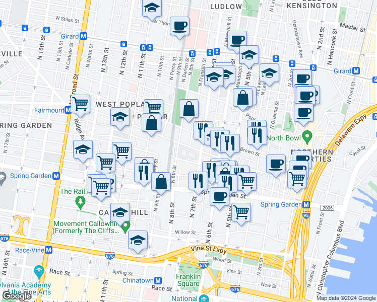 map of restaurants, bars, coffee shops, grocery stores, and more near 674 Franklin Place in Philadelphia