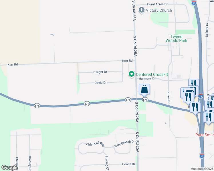 map of restaurants, bars, coffee shops, grocery stores, and more near 5310 David Drive in Tipp City