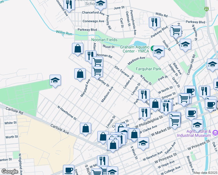 map of restaurants, bars, coffee shops, grocery stores, and more near 505 Madison Avenue in York