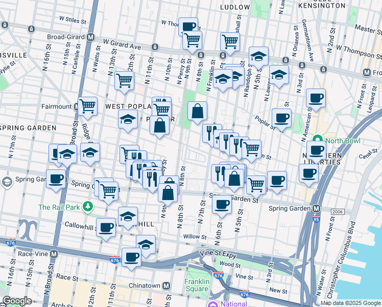map of restaurants, bars, coffee shops, grocery stores, and more near 672 Perth Place in Philadelphia