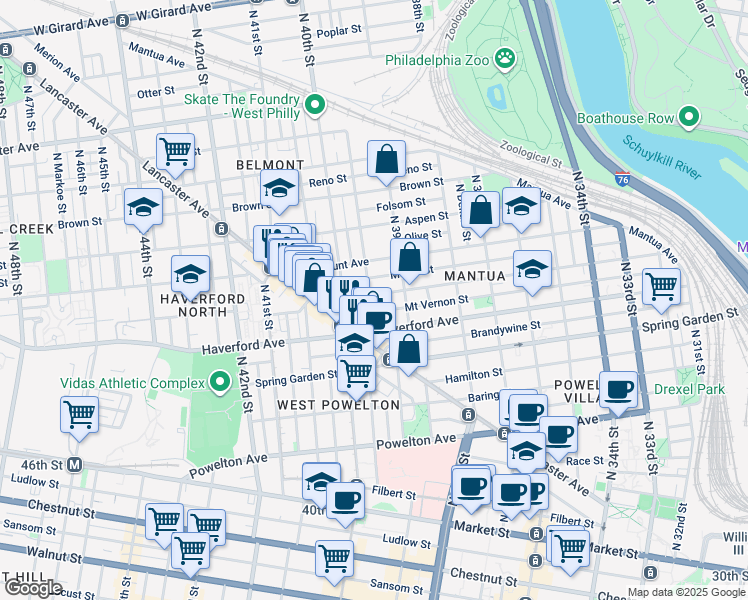 map of restaurants, bars, coffee shops, grocery stores, and more near 3940 Wallace Street in Philadelphia