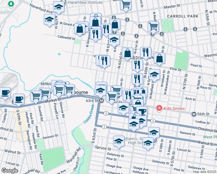 map of restaurants, bars, coffee shops, grocery stores, and more near 65 North Felton Street in Philadelphia