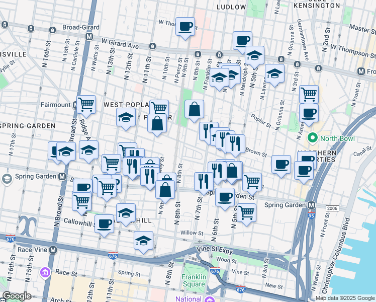 map of restaurants, bars, coffee shops, grocery stores, and more near 672 Perth Place in Philadelphia