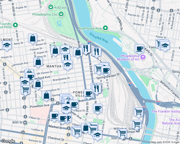 map of restaurants, bars, coffee shops, grocery stores, and more near 3301 Haverford Avenue in Philadelphia