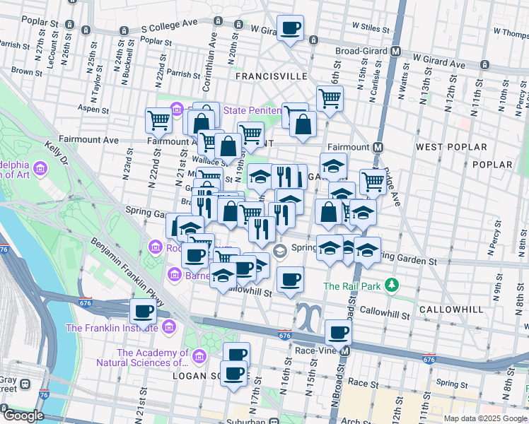 map of restaurants, bars, coffee shops, grocery stores, and more near 1735 Brandywine Street in Philadelphia