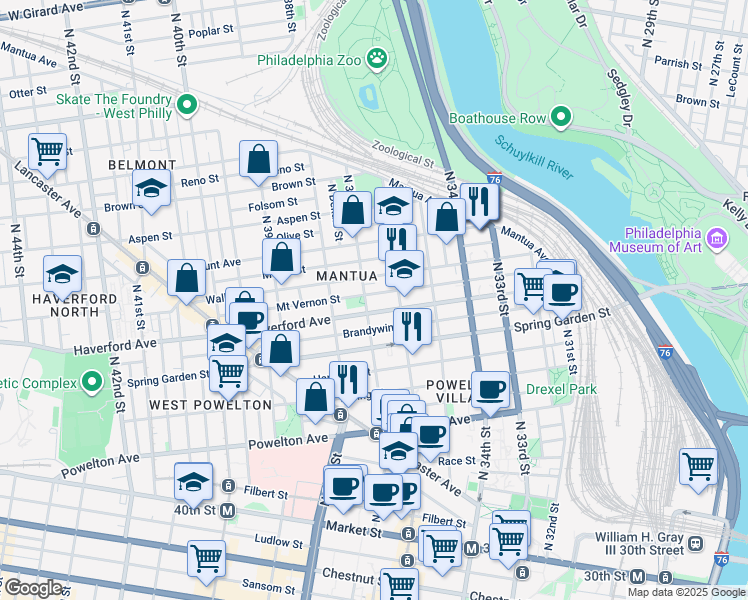 map of restaurants, bars, coffee shops, grocery stores, and more near 3605 Mount Vernon Street in Philadelphia