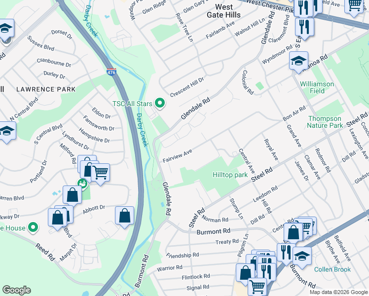 map of restaurants, bars, coffee shops, grocery stores, and more near 1424 Fairview Avenue in Havertown