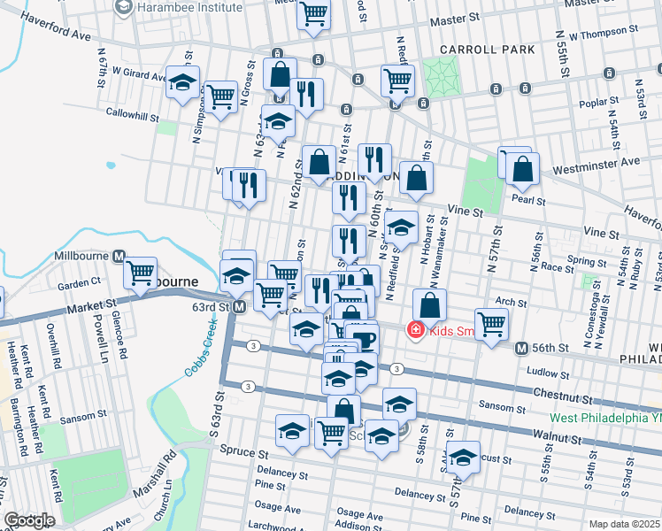 map of restaurants, bars, coffee shops, grocery stores, and more near 109 North 61st Street in Philadelphia