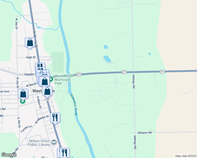 map of restaurants, bars, coffee shops, grocery stores, and more near 217 Doris Drive in West Milton