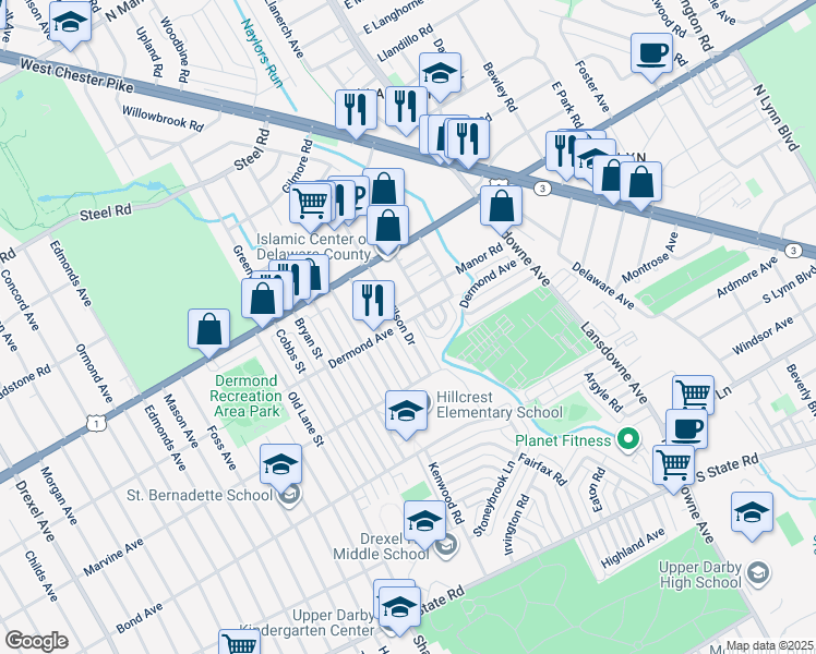 map of restaurants, bars, coffee shops, grocery stores, and more near 1145 Wilson Drive in Havertown