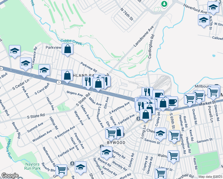 map of restaurants, bars, coffee shops, grocery stores, and more near 21 Golf Road in Delaware County