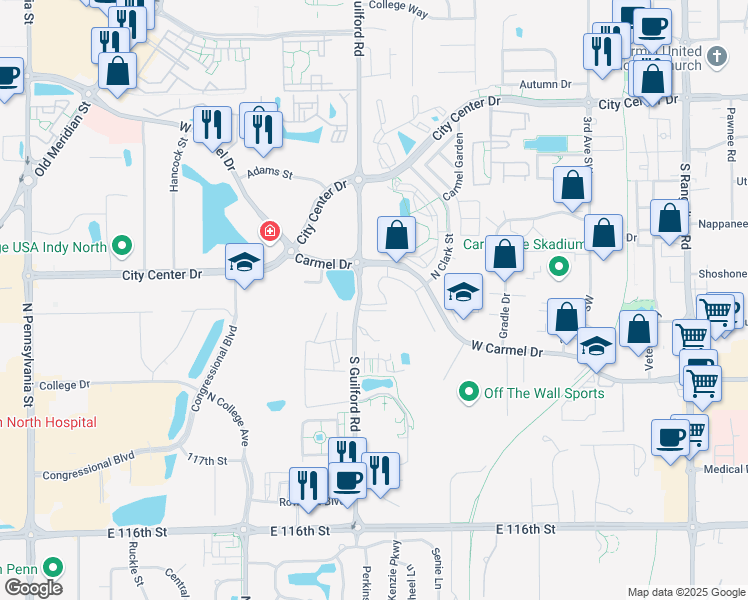 map of restaurants, bars, coffee shops, grocery stores, and more near 645 West Carmel Drive in Carmel