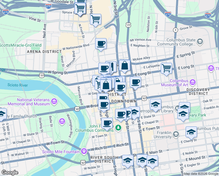 map of restaurants, bars, coffee shops, grocery stores, and more near 74 North Pearl Street in Columbus