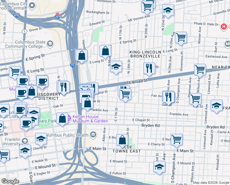 map of restaurants, bars, coffee shops, grocery stores, and more near 43 South Douglass Street in Columbus