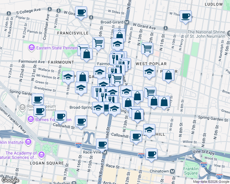 map of restaurants, bars, coffee shops, grocery stores, and more near N Broad St & Mt Vernon St in Philadelphia