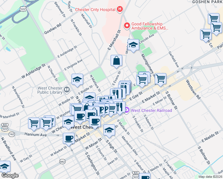 map of restaurants, bars, coffee shops, grocery stores, and more near in West Chester