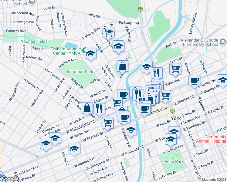 map of restaurants, bars, coffee shops, grocery stores, and more near 226 Cottage Hill Road in York