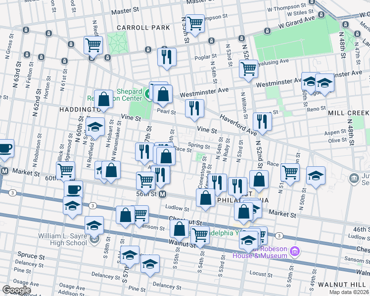 map of restaurants, bars, coffee shops, grocery stores, and more near 5527 Spring Street in Philadelphia