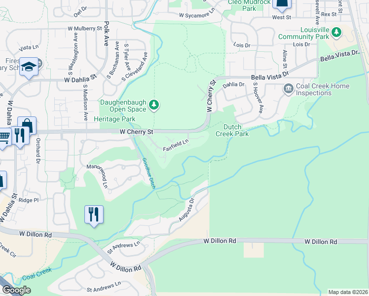 map of restaurants, bars, coffee shops, grocery stores, and more near 202 Fairfield Lane in Louisville
