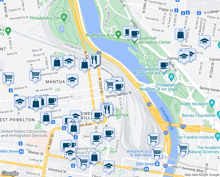 map of restaurants, bars, coffee shops, grocery stores, and more near 528 North 32nd Street in Philadelphia