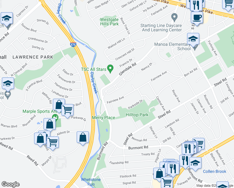 map of restaurants, bars, coffee shops, grocery stores, and more near 1434 Fairview Avenue in Havertown