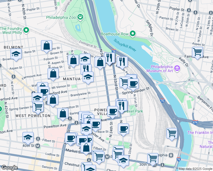 map of restaurants, bars, coffee shops, grocery stores, and more near North 34th Street & Haverford Avenue in Philadelphia
