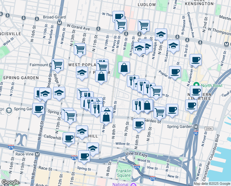 map of restaurants, bars, coffee shops, grocery stores, and more near 654 North 8th Street in Philadelphia