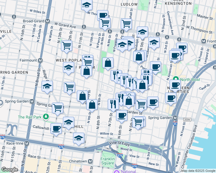 map of restaurants, bars, coffee shops, grocery stores, and more near 735 Melon Place in Philadelphia