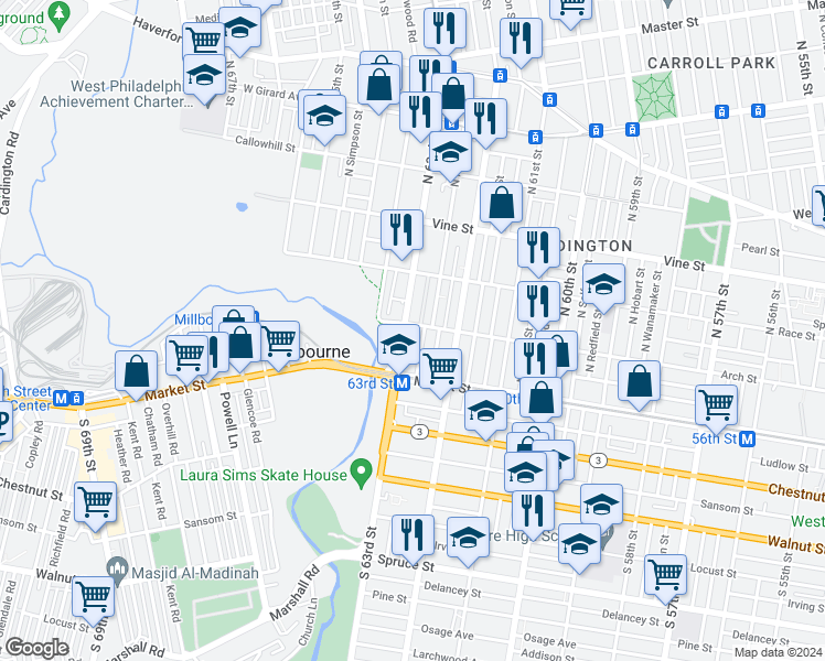 map of restaurants, bars, coffee shops, grocery stores, and more near 63 North 63rd Street in Philadelphia