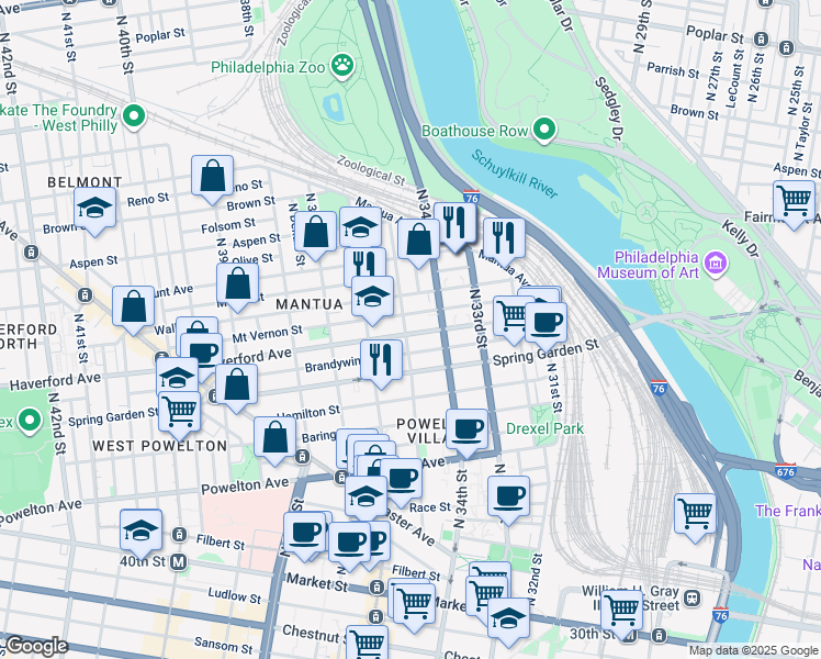 map of restaurants, bars, coffee shops, grocery stores, and more near 3421 Haverford Avenue in Philadelphia