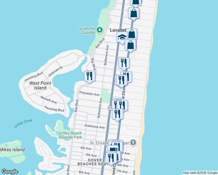 map of restaurants, bars, coffee shops, grocery stores, and more near 117 Jersey City Avenue in Lavallette