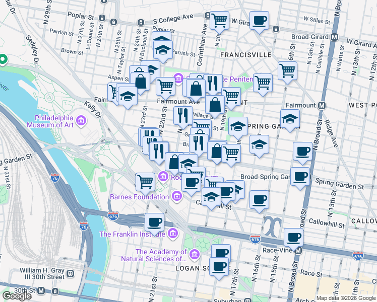 map of restaurants, bars, coffee shops, grocery stores, and more near in Philadelphia