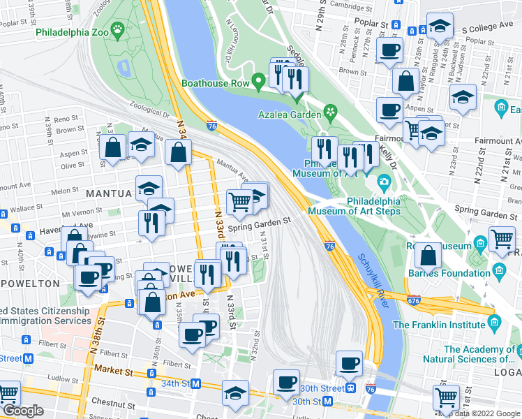 map of restaurants, bars, coffee shops, grocery stores, and more near West Bank Schuylkill River Trail in Philadelphia