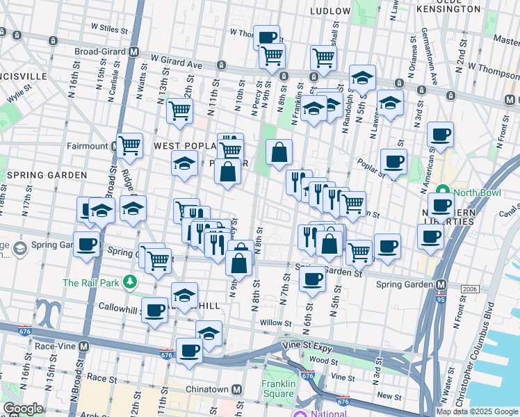 map of restaurants, bars, coffee shops, grocery stores, and more near 654 North 8th Street in Philadelphia