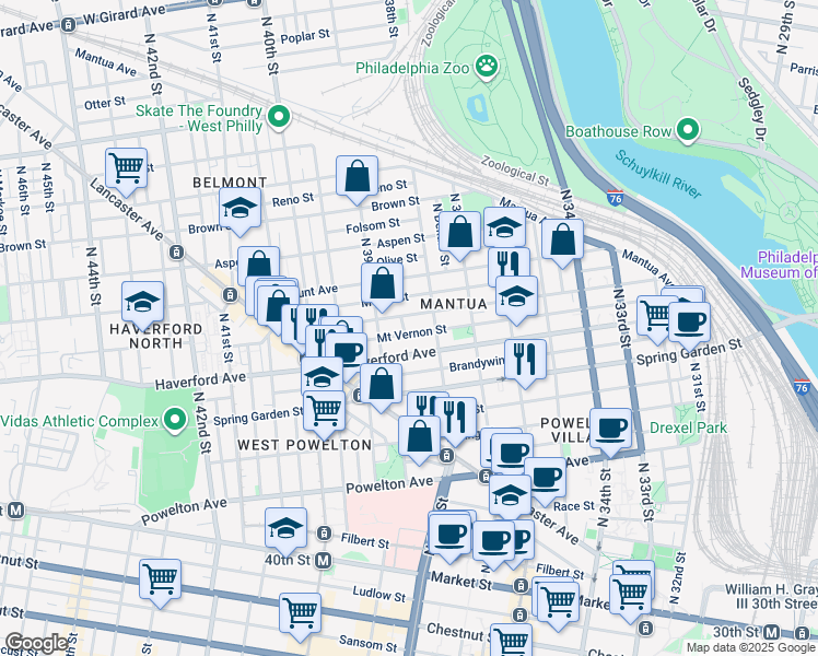 map of restaurants, bars, coffee shops, grocery stores, and more near 3831 Mount Vernon Street in Philadelphia