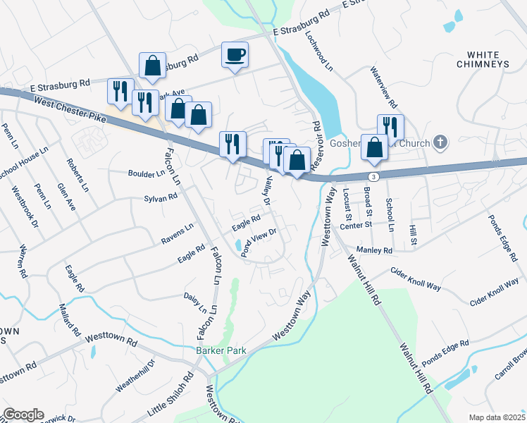 map of restaurants, bars, coffee shops, grocery stores, and more near 2919 Eagle Road in West Chester