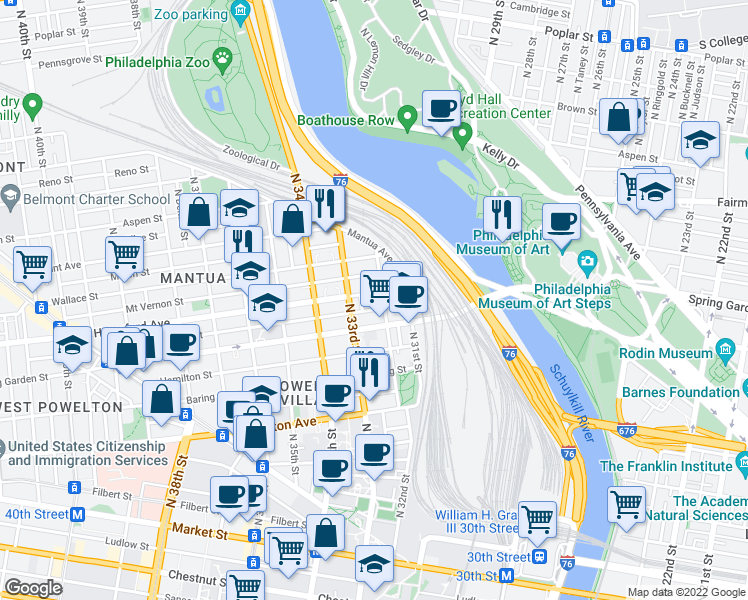 map of restaurants, bars, coffee shops, grocery stores, and more near 533 North Natrona Street in Philadelphia