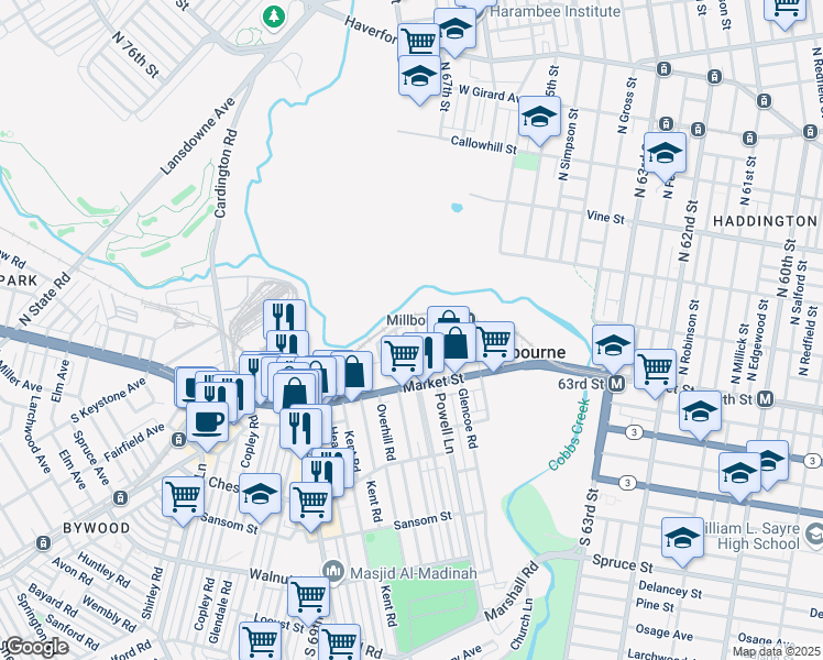 map of restaurants, bars, coffee shops, grocery stores, and more near 54 Marion Court in Millbourne